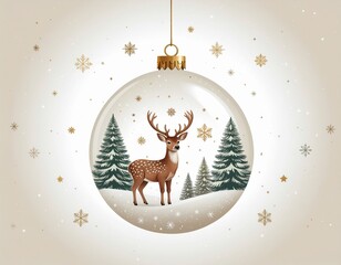 Christmas white and brown background with a bauble with a drawing of a deer.