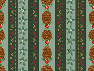 A decorative pattern featuring pinecones and floral motifs, set against a green background with geometric shapes in contrasting colors.