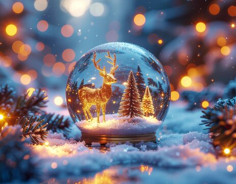 Christmas blue background with bauble, reindeer, snow, spruce branches