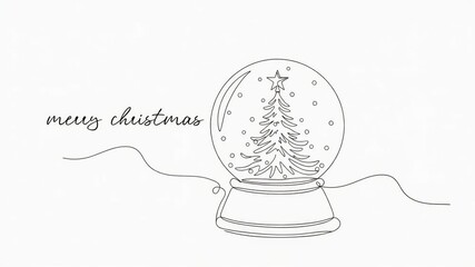 Continuous one line drawing Animation of a Christmas snow globe with a pine tree. Minimalist winter holiday - Powered by Adobe