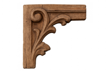 Carved wooden corbel bracket with acanthus leaf scroll ornament, antique architecture element isolated on transparent background