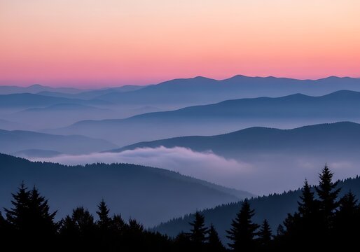 Layers of misty mountains fade into the distance under a soft pink and orange sunrise sky, with silhouetted pine trees in the foreground