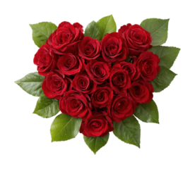 Romantic heart-shaped red roses bouquet floral arrangement isolated on transparent background