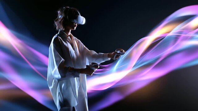 Faceless individual standing amid glowing holographic ribbons, holding VR controllers in creative motion, with copy space.