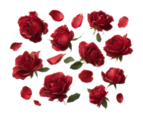 Elegant red roses and petals floral arrangement aesthetic isolated on transparent background