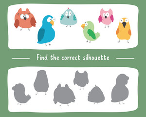 Matching game for children with cute birds, Logical activities for kids, match the birds with silhouette. Vector illustration