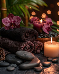 Orchid-shaped candles, stones, towel arranged for Thai wellness massage, warm flickering candlelight, plush brown