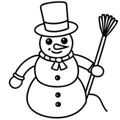 Cute snowman wearing a top hat and scarf holding a broom