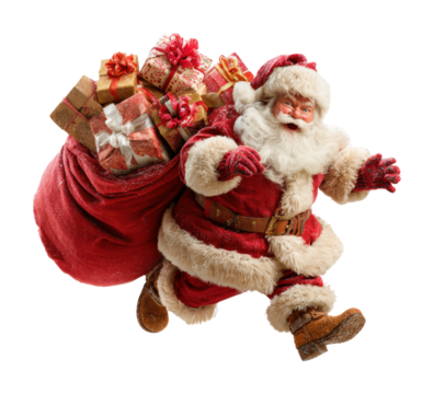 Santa claus delivering gifts holiday season festive cheerful mood isolated on transparent background