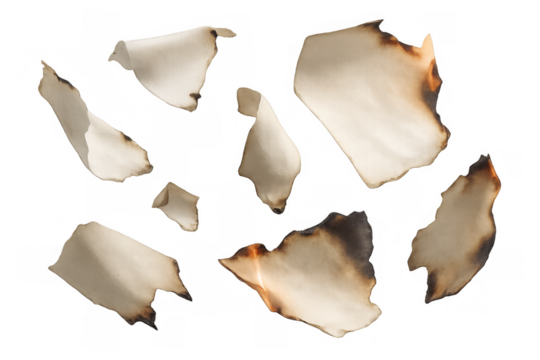 Burnt paper pieces slowly falling, featuring charred edges, scorched surface, and crumpled texture with a transparent background