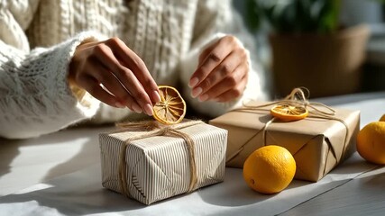 Faceless volunteers wrapping eco-friendly gifts in recycled paper with natural twine and dried oranges, cozy warm light, with copy space.