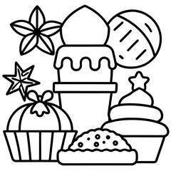 Collection of festive desserts and spices outline art