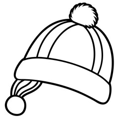 Black and white line drawing of a pom pom beanie hat