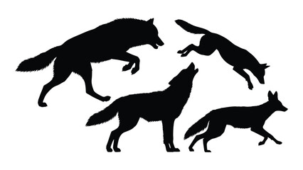 Wolf silhouettes in various poses isolated on white background, Vector