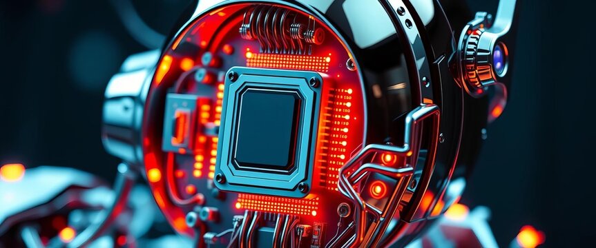 Close-up of a sleek, chrome robot's intricate processor, glowing circuits,  gleam,  metallic - Powered by Adobe