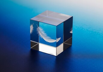 Feather encapsulated in a crystal cube against a gradient blue background creating a sense of stillness and ethereal