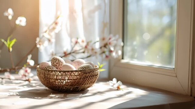 Easter bunny. A closeup of a window sill with a wicker basket filled with decorative Easter eggs. The sunlight streaming in through the window illuminates the scene.