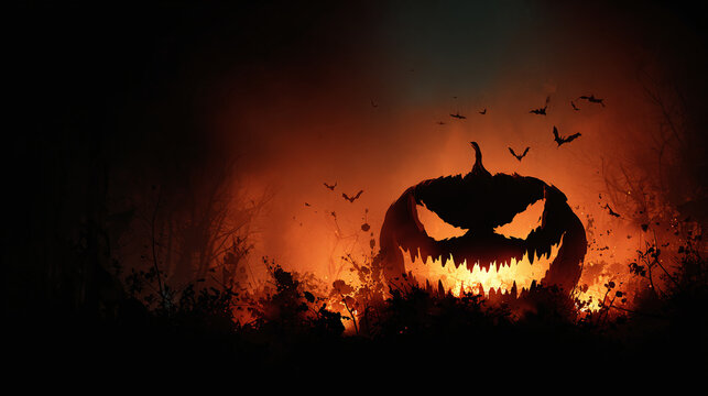 A spooky jack-o'-lantern glowing in the darkness with flying bats, perfect for a haunting atmosphere. The pumpkin carved with a sinister face creates an eerie ambiance