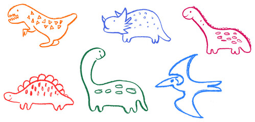 Cute Dinosaurs Crayon Chalk Drawing Doodle Vector Set