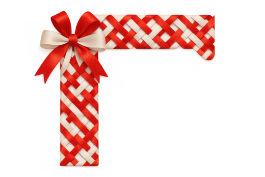 Ribbon corner border creating a weave pattern with red and cream bows, transparent background for celebration design