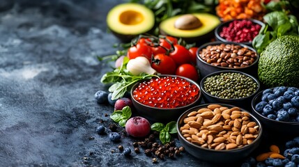 Assortment of healthy foods and ingredients isolated on white background