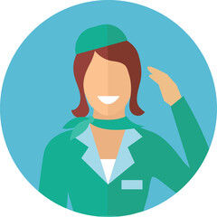 Stewardess Icon Wearing Teal Uniform and Scarf Saluting in a Teal Circle Background Flat Design Avatar