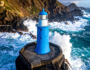 A brilliant blue lighthouse stands on a rocky pier amidst crashing ocean waves beneath craggy cliffs and a cloudy sky