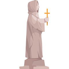 Stone Sculpture of a Figure in a Hooded Robe Holding a Golden Cross on a White Background