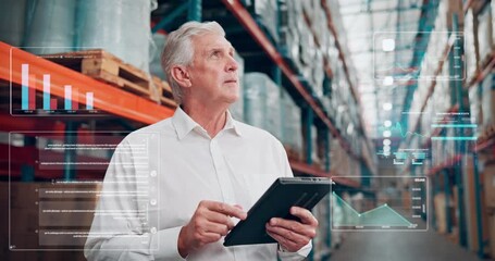 Overlay, tablet and thinking with man in warehouse for inventory, stock or storage management. App, digital data and planning statistics with mature employee in depot for logistics or supply chain - Powered by Adobe