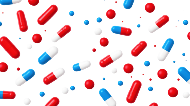 Red, Blue, White Pills on Transparent Background