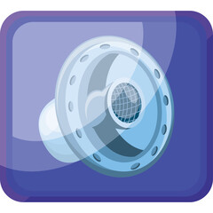 Stylized blue audio speaker icon with a grid pattern inside the diaphragm set against a rounded square blue background with purple border