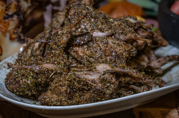 Platter of antipasti and appetizers. Mix of dried meat Jerky . From chicken , beef and pork. wine snacks. Luxury hotel open buffet with a wide variety of meats. Lamb kebab