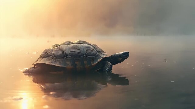 tortoise in water during golden hour with misty background.