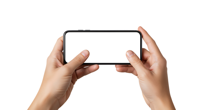 Hands holding a smartphone with a blank white screen against a dark background.