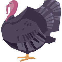 Stylized illustration of a dark purple turkey with grey and blue tail feathers and a pink neck standing on a white background with a transparent background
