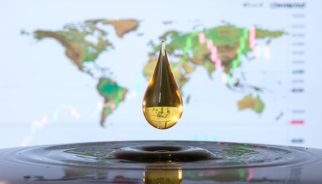 Golden petroleum droplet suspended over a ripple with a global map and financial stock market graph, representing the impact of crude oil prices on the world economy and international trade