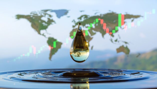 Global economic fluctuations reflected in falling oil prices against a backdrop of a world map and stock market charts, symbolizing energy market volatility and financial instability