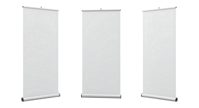 Three blank roll up banners displayed against a completely black background.
