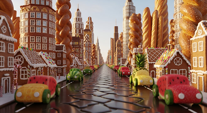 Sweet escapism awaits with this whimsical gingerbread city, where fruit cars cruise down chocolate streets in a fantasy land built for dreamers