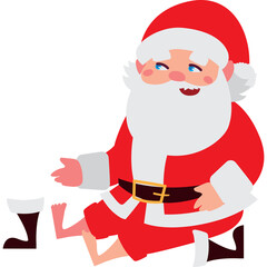 Smiling Santa Claus Character Dressed in Red Suit and Hat Sitting Down with Boots Nearby Christmas Festive Atmosphere White Background Isolated Graphic