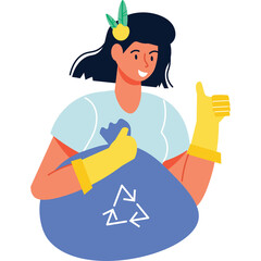 Smiling Woman Wearing Yellow Gloves and Holding a Blue Recycling Bag Giving a Thumbs Up Gesture with Green Leaves in Her Hair and a Light Blue Shirt on a White Transparent Background