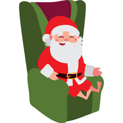 Smiling Santa Claus Relaxing in a Green Armchair Wearing Red Suit and Hat with White Beard Christmas Holiday Season Joyful Scene