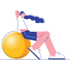 Smiling Woman With Long Dark Hair Wearing White T Shirt and Blue Shorts Sitting on Yellow Exercise Ball In A Fitness Studio