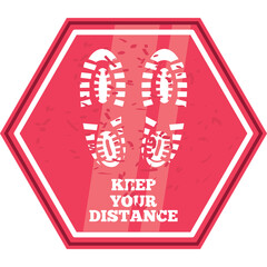 Social Distancing Floor Sticker with Footprints and Keep Your Distance Text in Vibrant Red Hexagonal Shape with Transparent Background