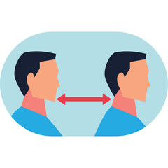 Social Distancing Two Men Side Profile Facing Each Other With Red Double Arrow Indicating Space Against Light Blue Oval Background Flat Design Style