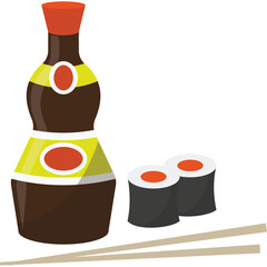 Soy Sauce Bottle With Sushi Rolls And Chopsticks On A White Background