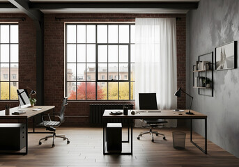 Modern office with brick wall and large windows