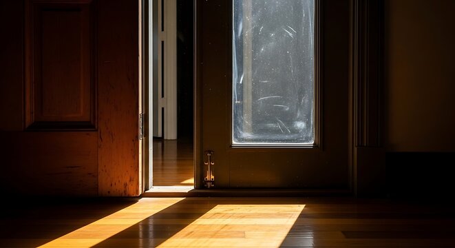 Sunlight streams through doorway illuminating hardwood surface at home