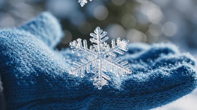 Hand wearing blue mitten catching falling snowflake in winter  