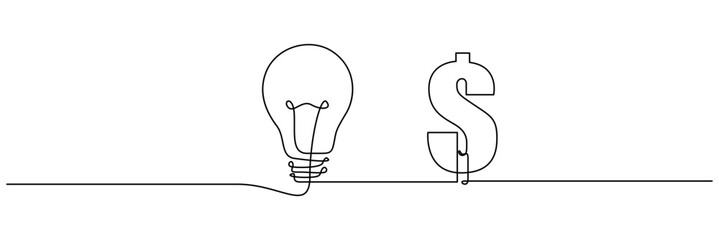 Continuous one line drawing of electric light bulb with dollar sign vector illustration. Isolated on transparent background